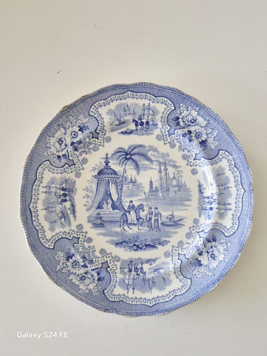 צלחת עתיקה – Staffordshire, דגם "Palestine", כחול בהיר, שנות ה־1830